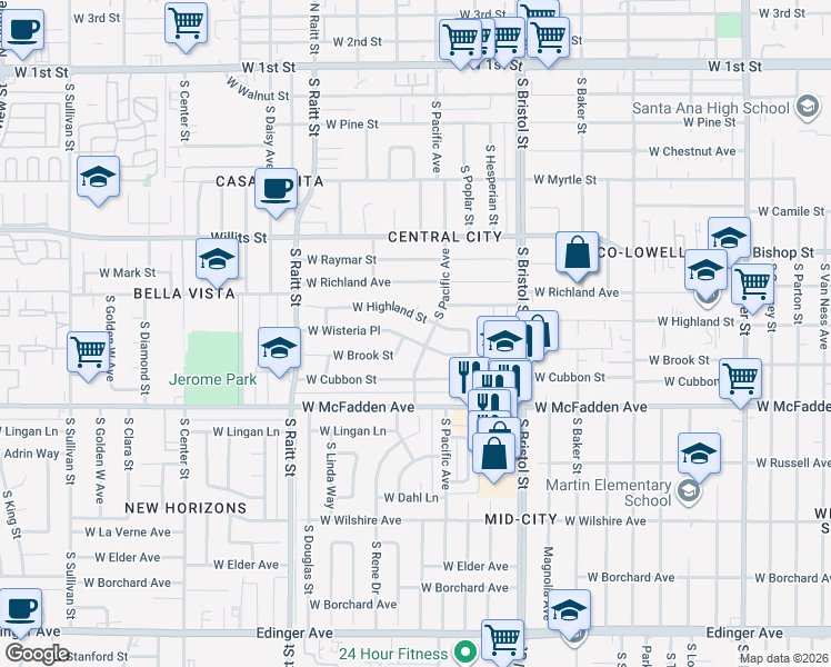 map of restaurants, bars, coffee shops, grocery stores, and more near 1602 Forrest Circle in Santa Ana