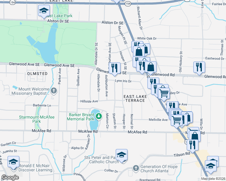 map of restaurants, bars, coffee shops, grocery stores, and more near 1884 Stanton Street in Decatur