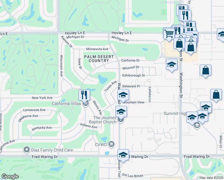 map of restaurants, bars, coffee shops, grocery stores, and more near 42975 Delaware Street in Palm Desert
