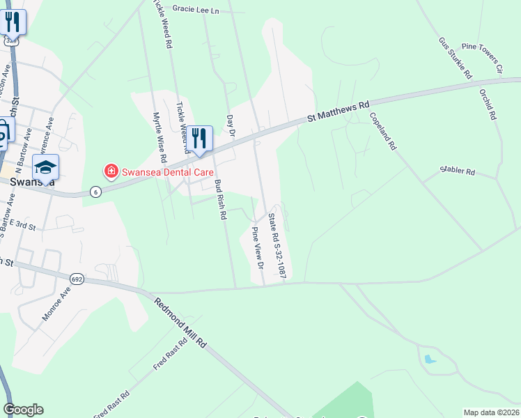 map of restaurants, bars, coffee shops, grocery stores, and more near 152 Pine View Drive in Swansea