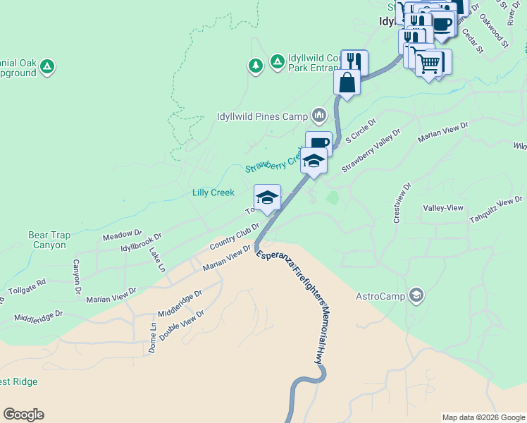 map of restaurants, bars, coffee shops, grocery stores, and more near 53745 Tollgate Road in Idyllwild-Pine Cove