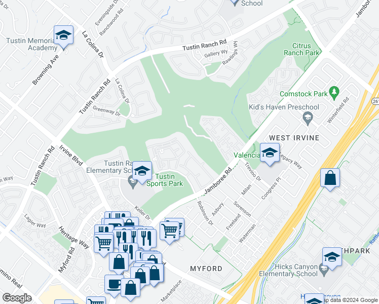 map of restaurants, bars, coffee shops, grocery stores, and more near 2813 Player Lane in Tustin