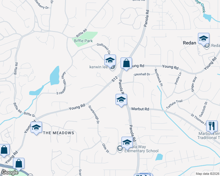 map of restaurants, bars, coffee shops, grocery stores, and more near 2218 Young Road in Stone Mountain