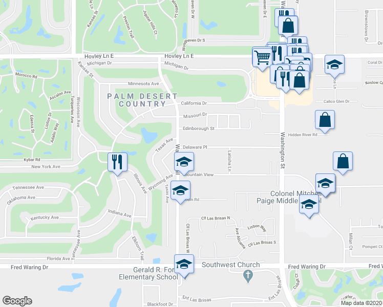 map of restaurants, bars, coffee shops, grocery stores, and more near 77577 Delaware Place in Palm Desert
