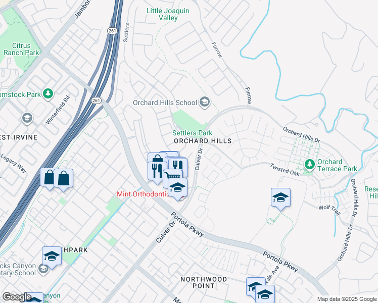 map of restaurants, bars, coffee shops, grocery stores, and more near 25 Oak Barrel in Irvine