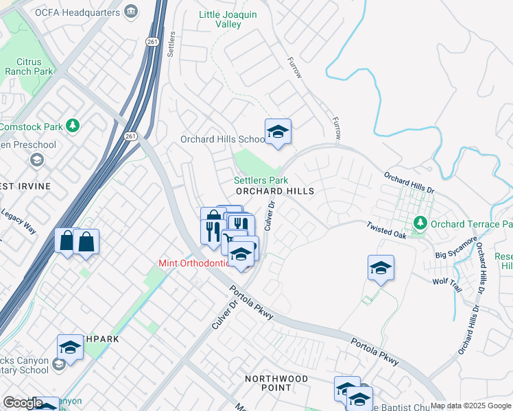 map of restaurants, bars, coffee shops, grocery stores, and more near 25 Oak Barrel in Irvine