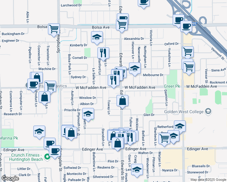 map of restaurants, bars, coffee shops, grocery stores, and more near 15542 Toway Lane in Huntington Beach