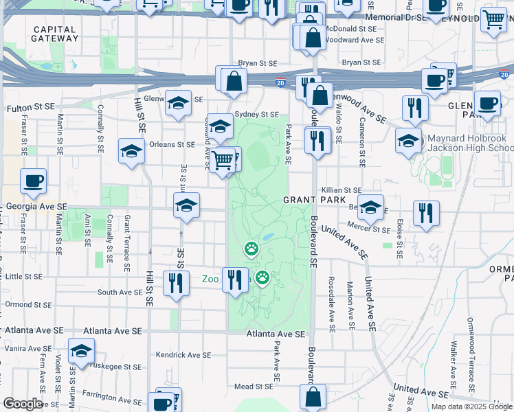 map of restaurants, bars, coffee shops, grocery stores, and more near Berne Street Southeast in Atlanta
