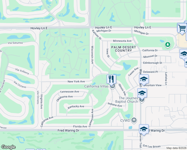 map of restaurants, bars, coffee shops, grocery stores, and more near 43000 Connecticut Street in Palm Desert