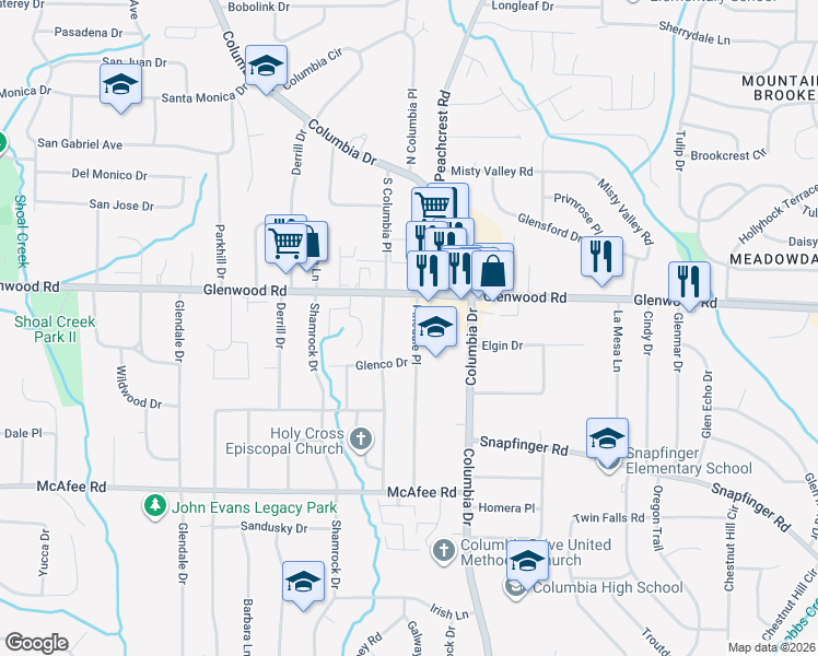 map of restaurants, bars, coffee shops, grocery stores, and more near 1860 South Columbia Place in Decatur
