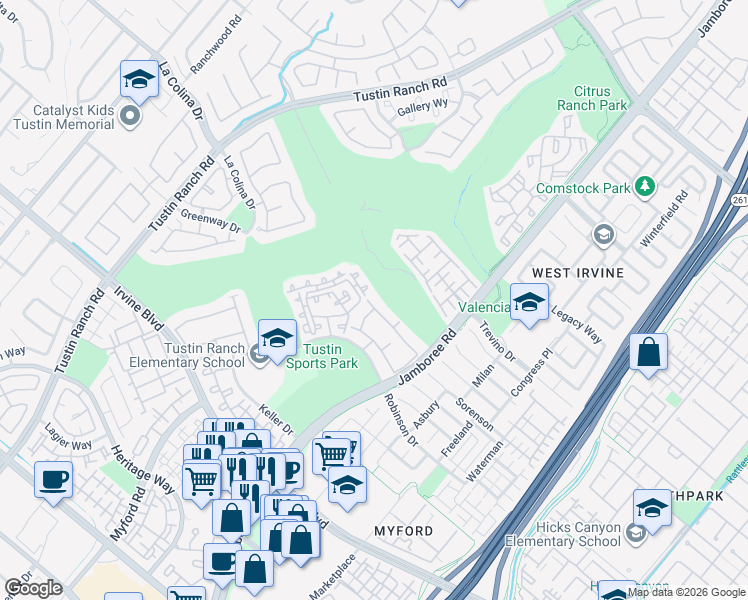 map of restaurants, bars, coffee shops, grocery stores, and more near in Tustin