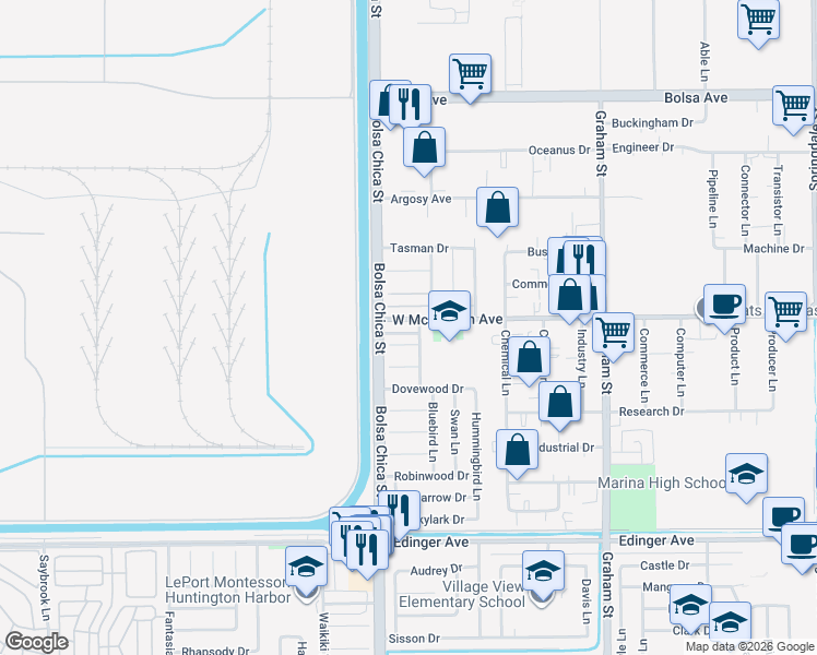 map of restaurants, bars, coffee shops, grocery stores, and more near 5021 Partridge Circle in Huntington Beach