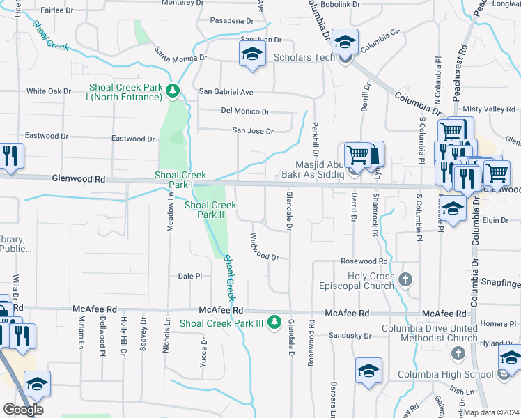 map of restaurants, bars, coffee shops, grocery stores, and more near 1857 Ridgeland Drive in Decatur
