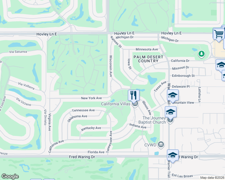map of restaurants, bars, coffee shops, grocery stores, and more near 43000 Connecticut Street in Palm Desert