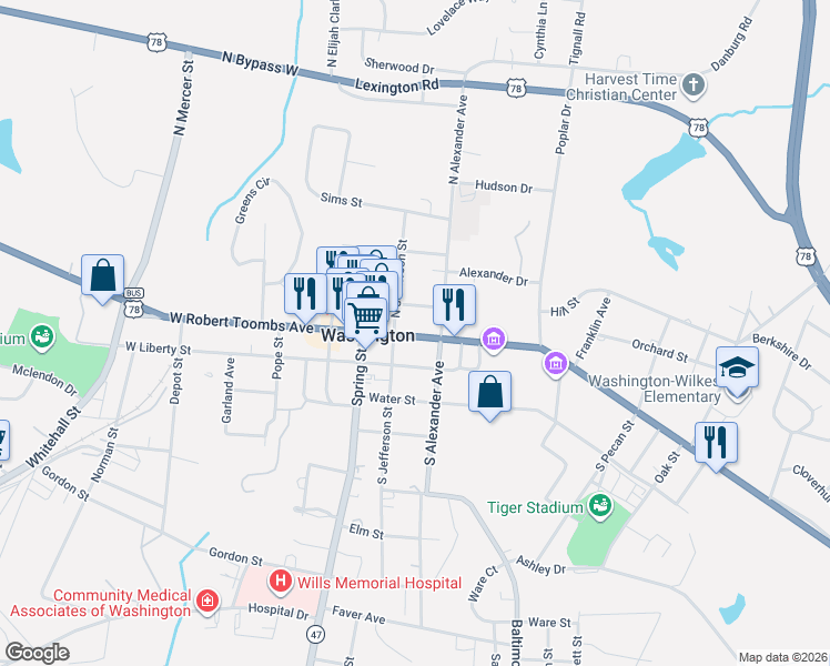 map of restaurants, bars, coffee shops, grocery stores, and more near 48 West Robert Toombs Avenue in Washington