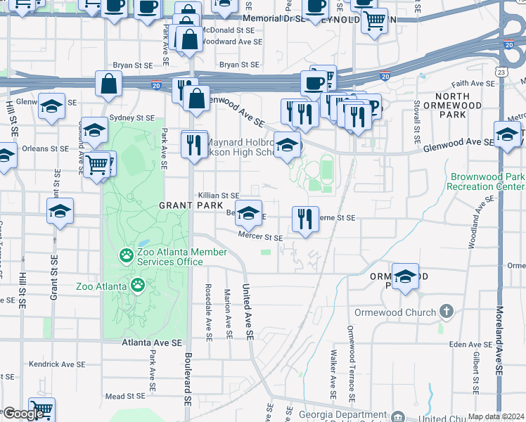map of restaurants, bars, coffee shops, grocery stores, and more near 720 Berne Street Southeast in Atlanta
