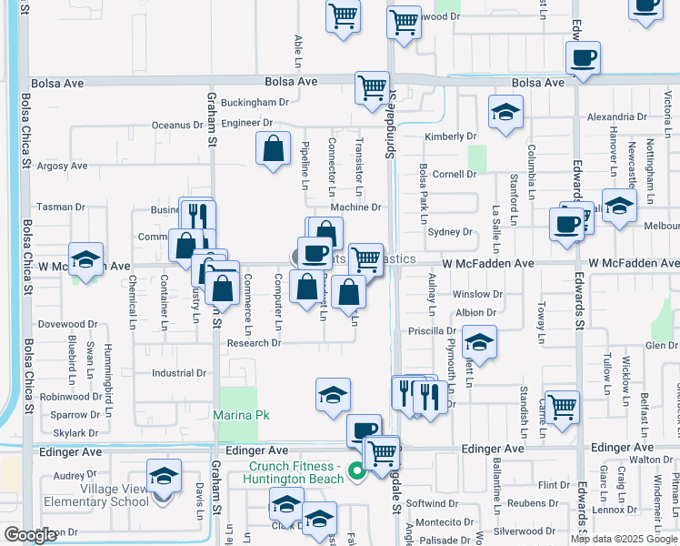 map of restaurants, bars, coffee shops, grocery stores, and more near 15541 Producer Lane in Huntington Beach