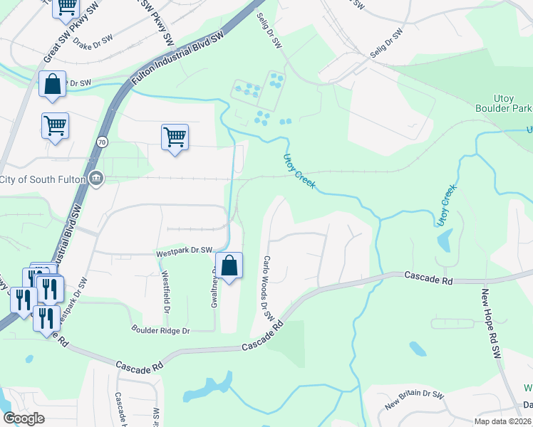 map of restaurants, bars, coffee shops, grocery stores, and more near 1160 Carlo Woods Dr SW in Atlanta