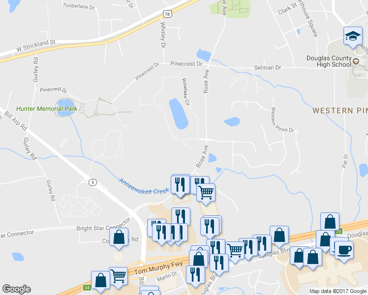 map of restaurants, bars, coffee shops, grocery stores, and more near 8919 Elina Rose in Douglasville