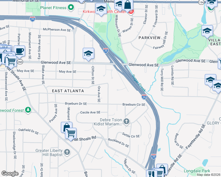 map of restaurants, bars, coffee shops, grocery stores, and more near 653 Clifton Road Southeast in Atlanta
