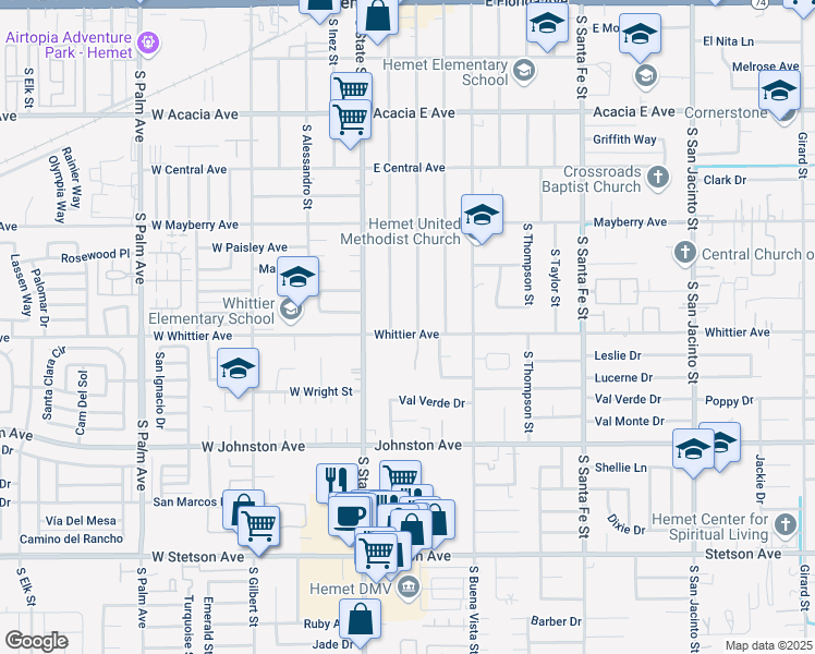 map of restaurants, bars, coffee shops, grocery stores, and more near 260 Whittier Avenue in Hemet