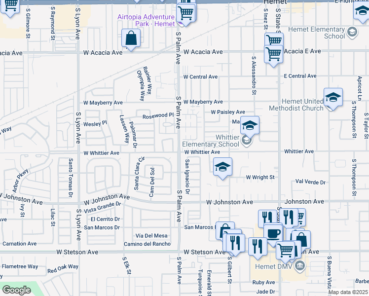 map of restaurants, bars, coffee shops, grocery stores, and more near 864 West Whittier Avenue in Hemet