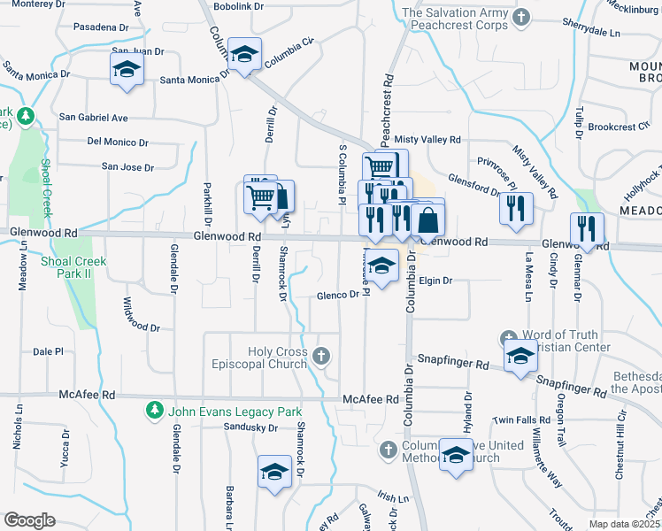 map of restaurants, bars, coffee shops, grocery stores, and more near 1849 South Columbia Place in Decatur