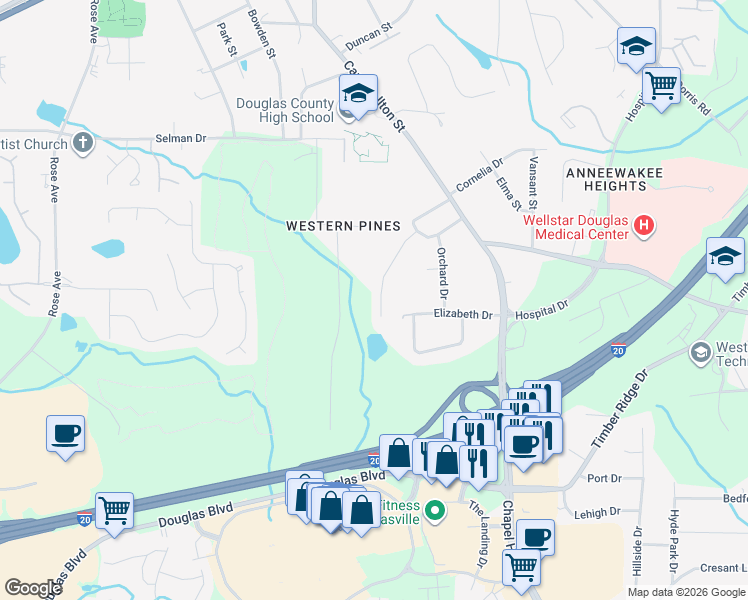 map of restaurants, bars, coffee shops, grocery stores, and more near 8989 Myrtle Drive in Douglasville