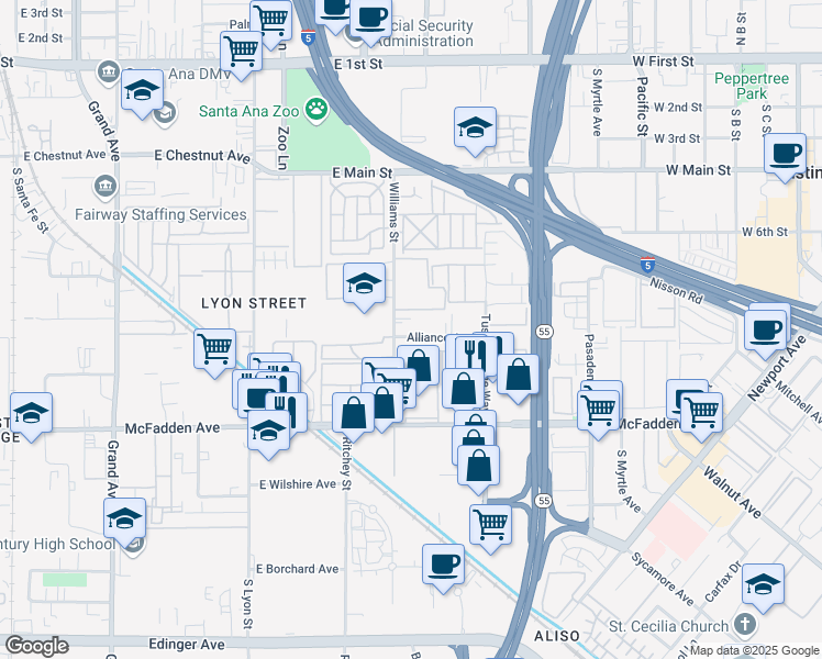 map of restaurants, bars, coffee shops, grocery stores, and more near 16546 Alliance Avenue in Tustin