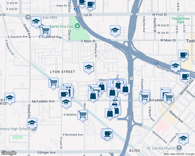 map of restaurants, bars, coffee shops, grocery stores, and more near 16546 Alliance Avenue in Tustin
