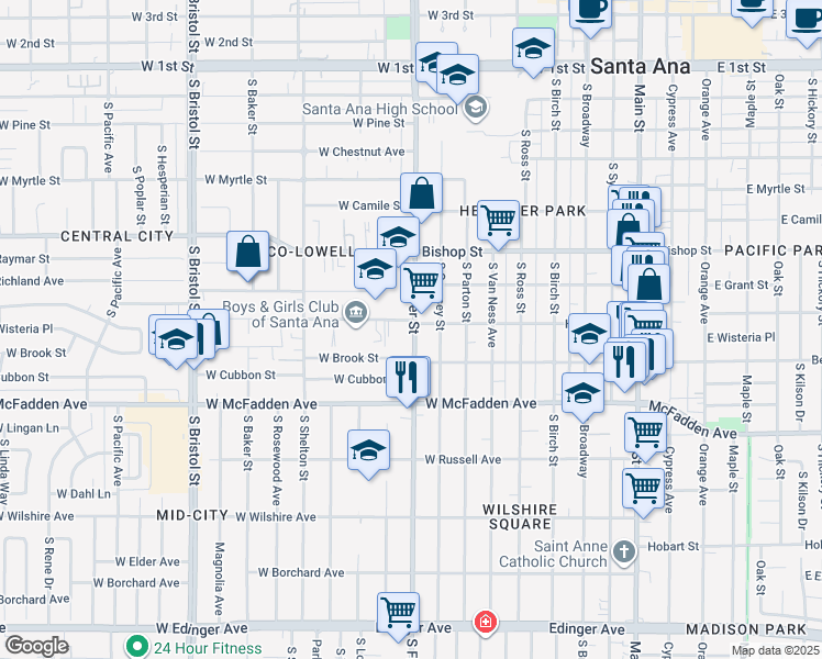 map of restaurants, bars, coffee shops, grocery stores, and more near in Santa Ana