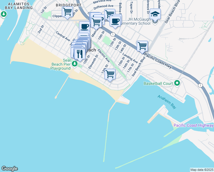 map of restaurants, bars, coffee shops, grocery stores, and more near 1513 East Seal Way in Seal Beach