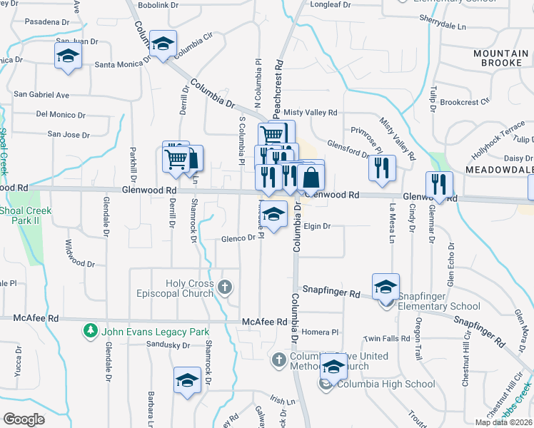map of restaurants, bars, coffee shops, grocery stores, and more near 1864 Pinedale Place in Decatur