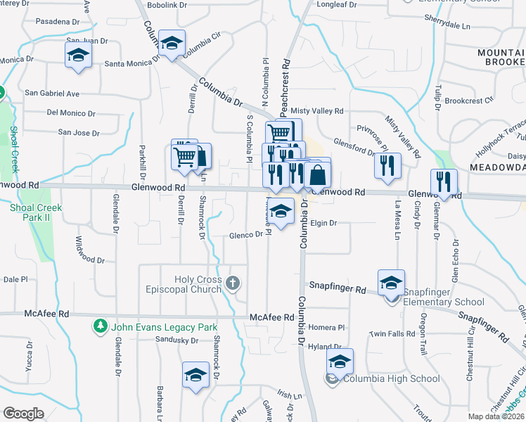 map of restaurants, bars, coffee shops, grocery stores, and more near 1860 South Columbia Place in Decatur