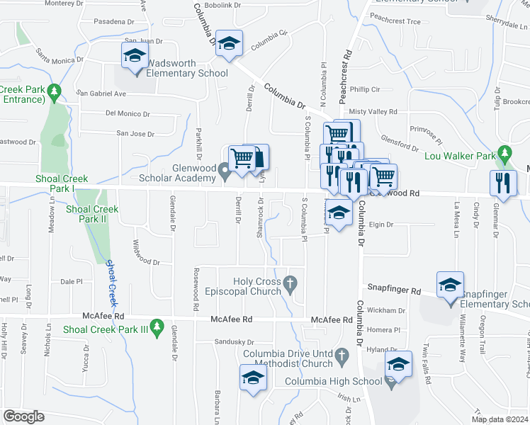 map of restaurants, bars, coffee shops, grocery stores, and more near 1852 Shamrock Drive in Decatur