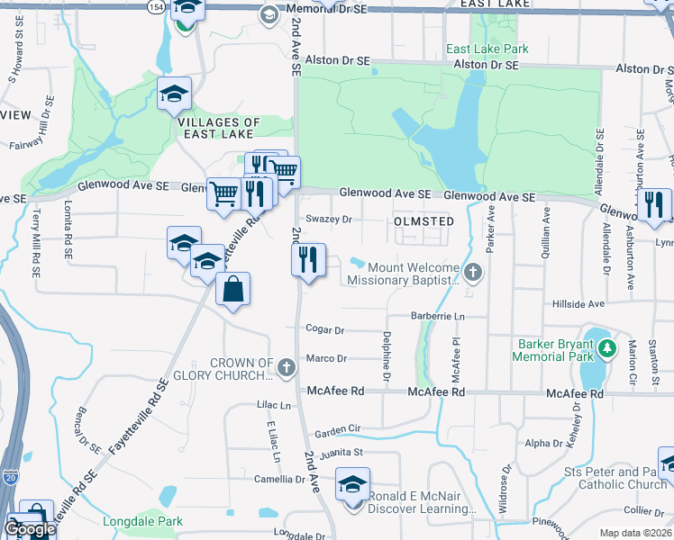 map of restaurants, bars, coffee shops, grocery stores, and more near 1001 Dancing Fox Road in Decatur