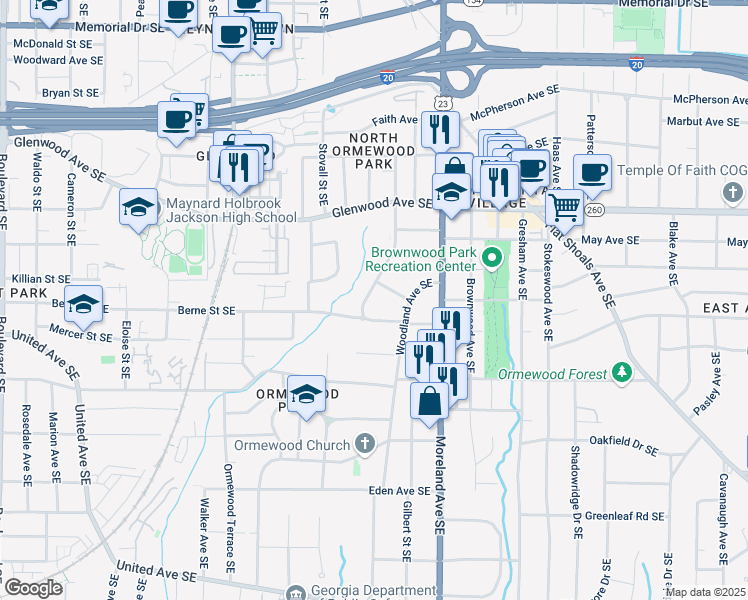 map of restaurants, bars, coffee shops, grocery stores, and more near 628 Hemlock Circle Southeast in Atlanta