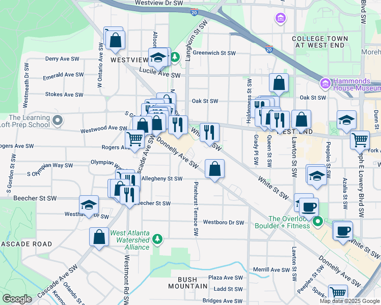 map of restaurants, bars, coffee shops, grocery stores, and more near 1400 Donnelly Avenue Southwest in Atlanta