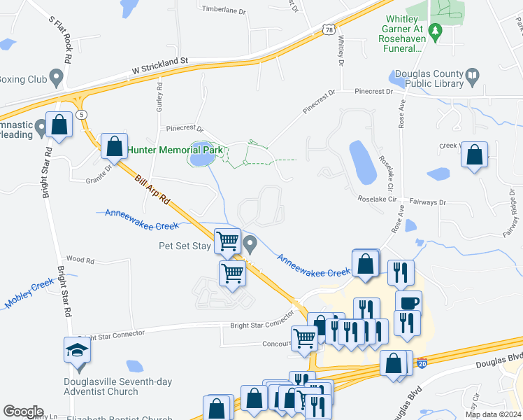map of restaurants, bars, coffee shops, grocery stores, and more near 813 Spring Creek Way in Douglasville