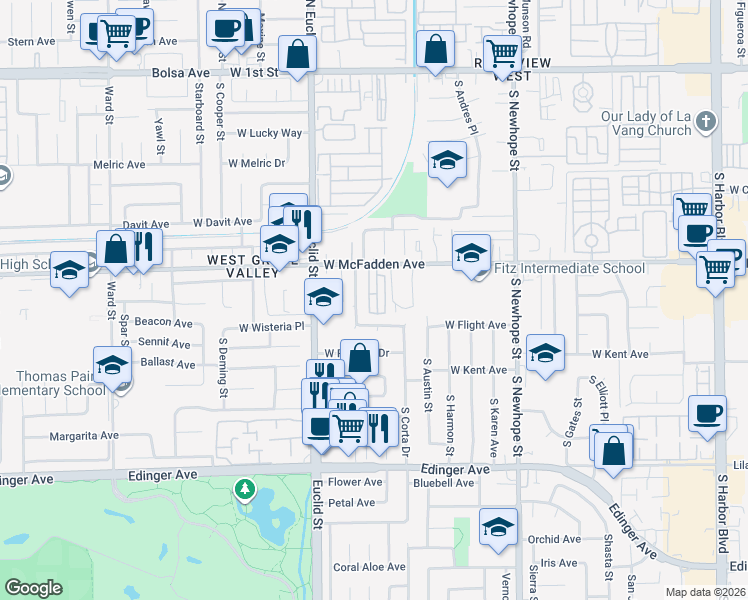 map of restaurants, bars, coffee shops, grocery stores, and more near 5002 West McFadden Avenue in Santa Ana