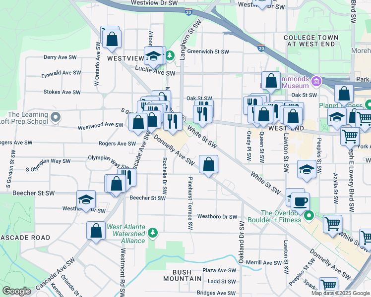map of restaurants, bars, coffee shops, grocery stores, and more near 1400 Donnelly Avenue Southwest in Atlanta