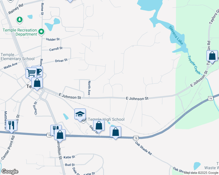 map of restaurants, bars, coffee shops, grocery stores, and more near 116 Ivey Lake Parkway in Temple