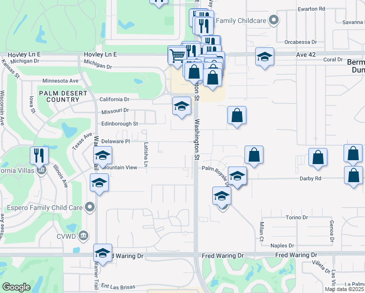 map of restaurants, bars, coffee shops, grocery stores, and more near 77905 Delaware Place in Palm Desert
