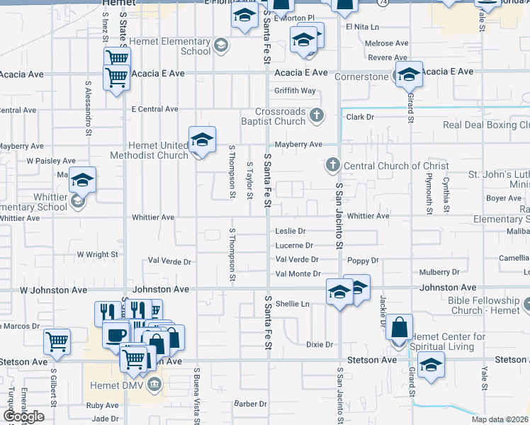 map of restaurants, bars, coffee shops, grocery stores, and more near 695 South Santa Fe Street in Hemet