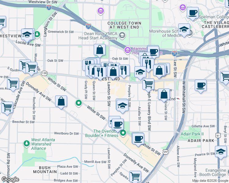 map of restaurants, bars, coffee shops, grocery stores, and more near Foster Place Southwest in Atlanta