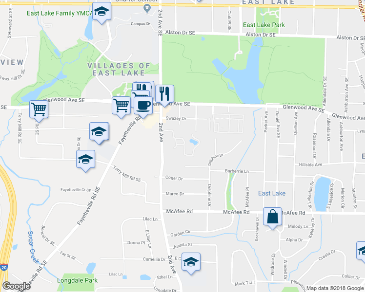 map of restaurants, bars, coffee shops, grocery stores, and more near 1001 Dancing Fox Road in Decatur