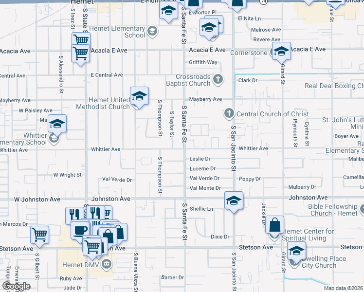 map of restaurants, bars, coffee shops, grocery stores, and more near 695 South Santa Fe Street in Hemet
