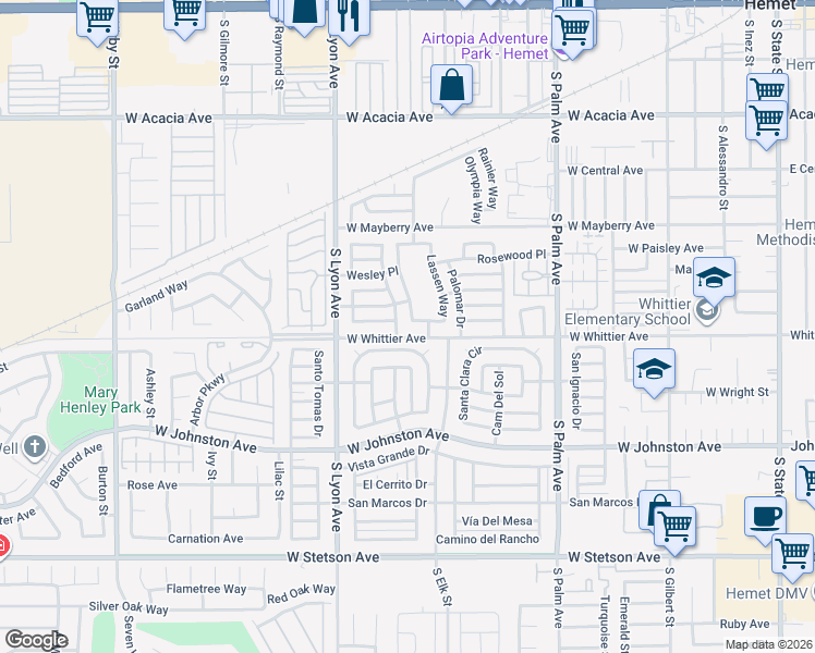 map of restaurants, bars, coffee shops, grocery stores, and more near 1461 West Westmont Avenue in Hemet