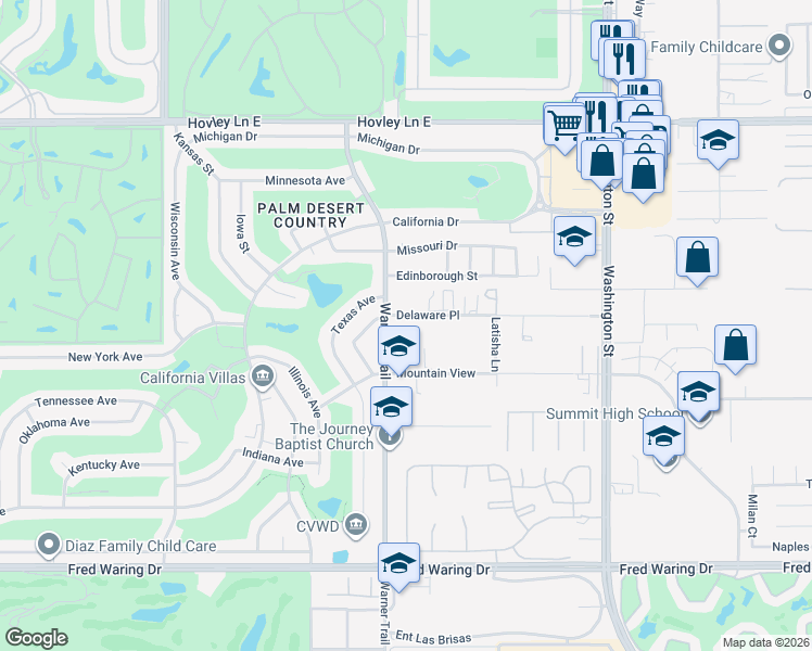 map of restaurants, bars, coffee shops, grocery stores, and more near 77577 Delaware Place in Palm Desert