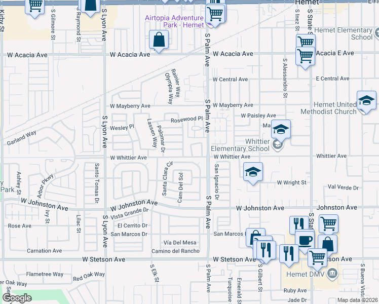 map of restaurants, bars, coffee shops, grocery stores, and more near 685 Holly Drive in Hemet